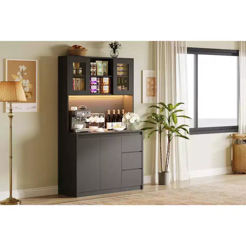 Meuble de rangement 71 po pour garde-manger/cuisine, meuble de rangement avec lumières DEL et prises de courant, support pour micro-ondes, porte en verre, étagères réglables