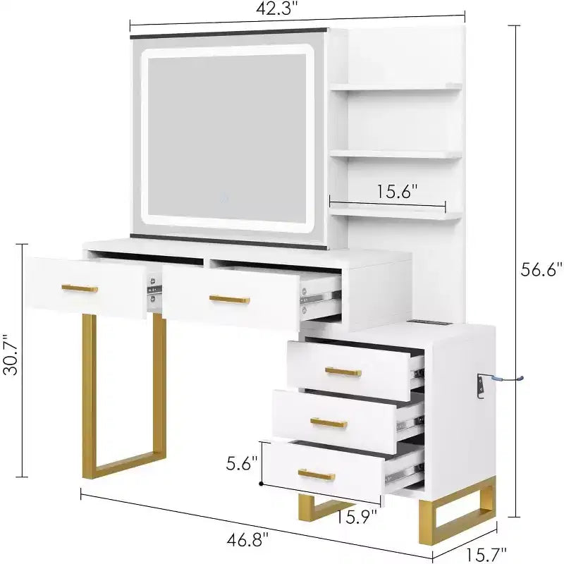 Coiffeuse de Maquillage avec Miroir et Lumière LED - 3 Modes d'Éclairage, Station de Charge, 5 Grands Tiroirs et 3 Niveaux d'Étagères Ouvertes pour Chambre à Coucher