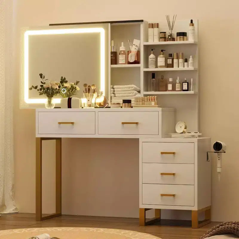 Coiffeuse de Maquillage avec Miroir et Lumière LED - 3 Modes d'Éclairage, Station de Charge, 5 Grands Tiroirs et 3 Niveaux d'Étagères Ouvertes pour Chambre à Coucher