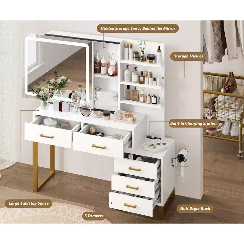 Coiffeuse de Maquillage avec Miroir et Lumière LED - 3 Modes d'Éclairage, Station de Charge, 5 Grands Tiroirs et 3 Niveaux d'Étagères Ouvertes pour Chambre à Coucher
