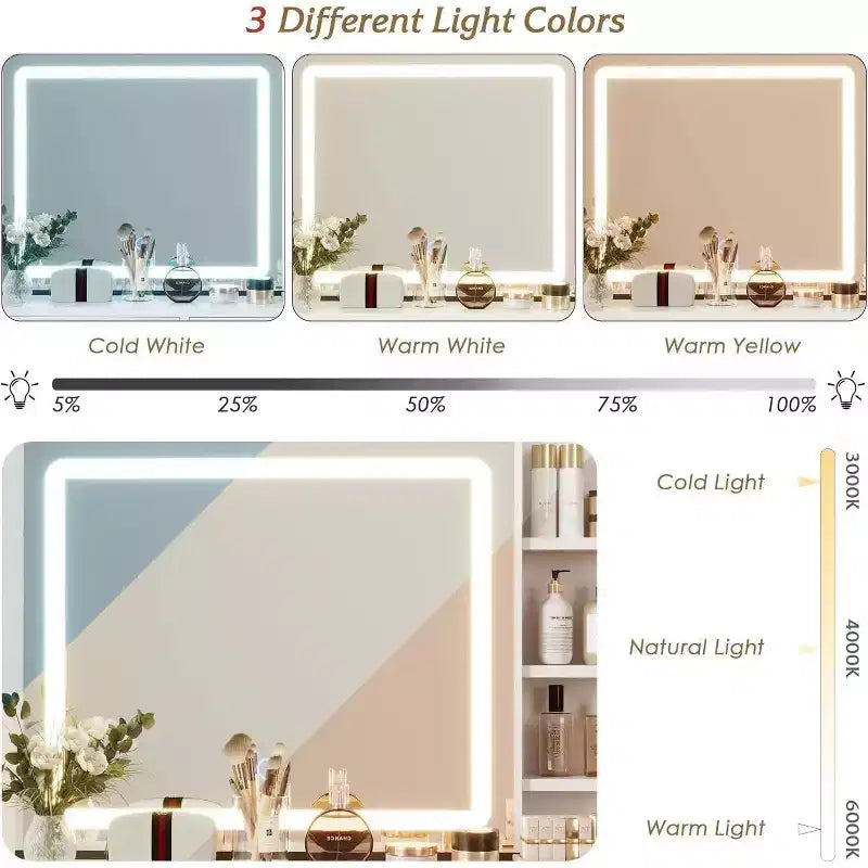 Coiffeuse de Maquillage avec Miroir et Lumière LED - 3 Modes d'Éclairage, Station de Charge, 5 Grands Tiroirs et 3 Niveaux d'Étagères Ouvertes pour Chambre à Coucher