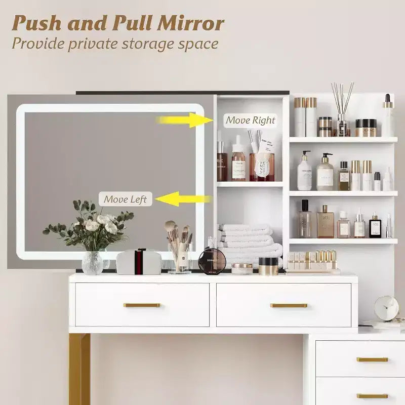 Coiffeuse de Maquillage avec Miroir et Lumière LED - 3 Modes d'Éclairage, Station de Charge, 5 Grands Tiroirs et 3 Niveaux d'Étagères Ouvertes pour Chambre à Coucher