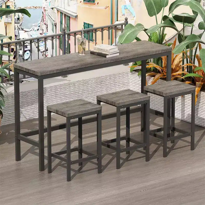 4-Piece Bar Table Set, Modern Rectangular Pub Table & 3 Stools, for Kitchen, Breakfast Nook, Living Room, Apartment  Brown & Gray