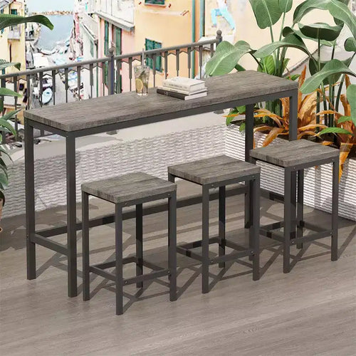 4-Piece Bar Table Set, Modern Rectangular Pub Table & 3 Stools, for Kitchen, Breakfast Nook, Living Room, Apartment  Brown & Gray