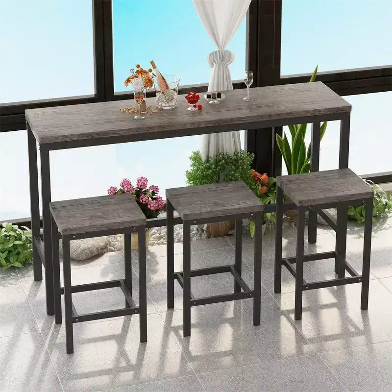 Table de bar 4 pièces, table de bistrot rectangulaire et 3 tabourets, pour cuisine, coin-repas, salon, appartement Marron et Gris