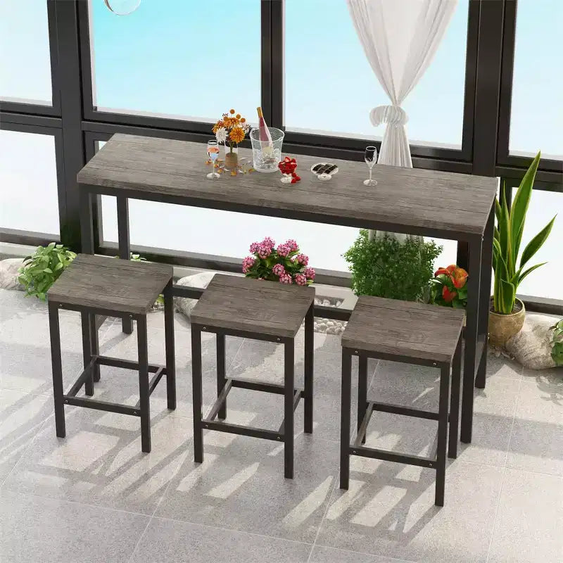 Table de bar 4 pièces, table de bistrot rectangulaire et 3 tabourets, pour cuisine, coin-repas, salon, appartement Marron et Gris