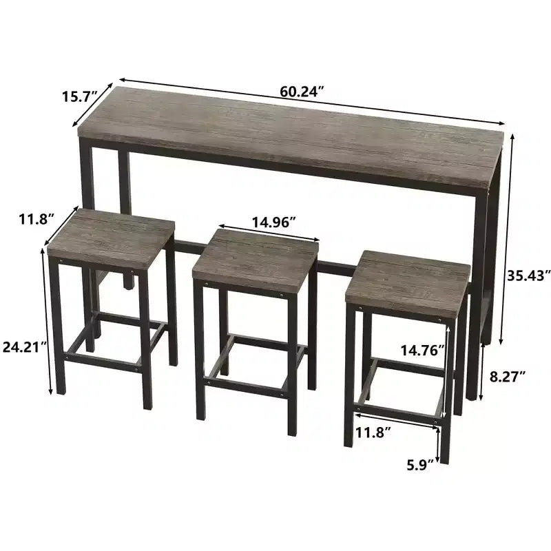 Table de bar 4 pièces, table de bistrot rectangulaire et 3 tabourets, pour cuisine, coin-repas, salon, appartement Marron et Gris
