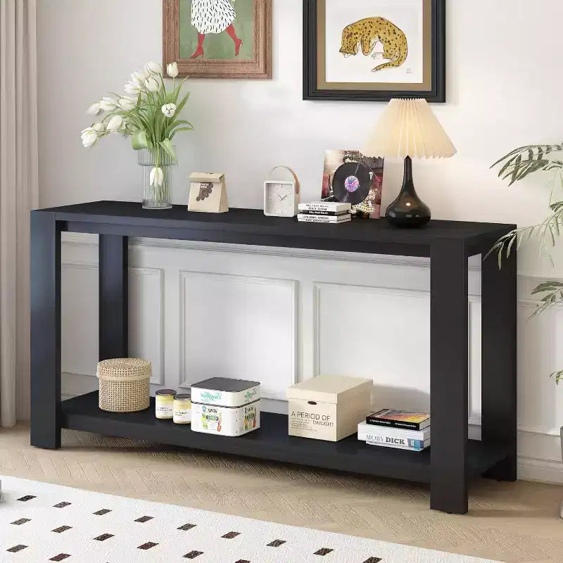 Minimalist Console Table with Bottom Shelf and Four Legsideal for entryway, hallway, living room,or corridor with distinctive features. Black