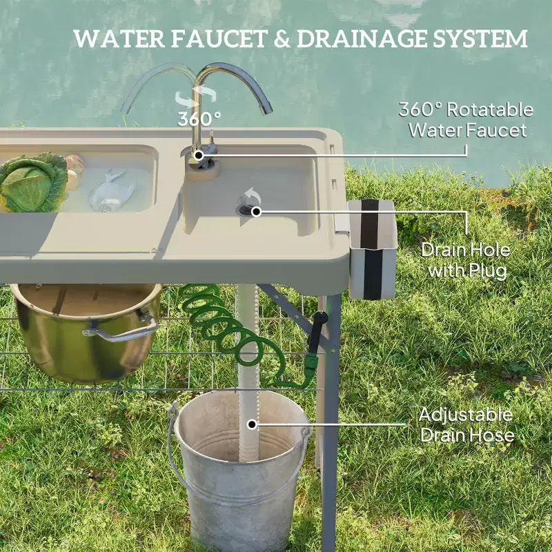 Table de nettoyage de poisson avec éviers, table d'évier de camping portable avec robinet, tuyau de drainage, pulvérisateur, étagère, tiroir et panier de rangement