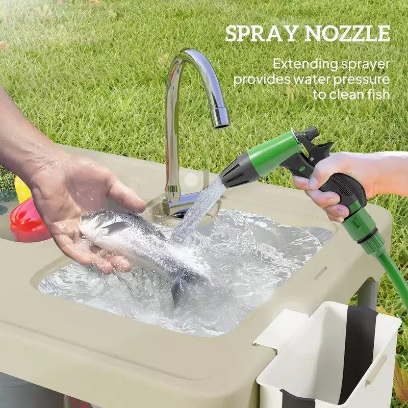 Table de nettoyage de poisson avec éviers, table d'évier de camping portable avec robinet, tuyau de drainage, pulvérisateur, étagère, tiroir et panier de rangement