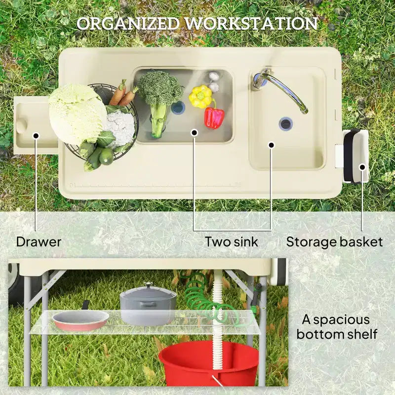 Table de nettoyage de poisson avec éviers, table d'évier de camping portable avec robinet, tuyau de drainage, pulvérisateur, étagère, tiroir et panier de rangement