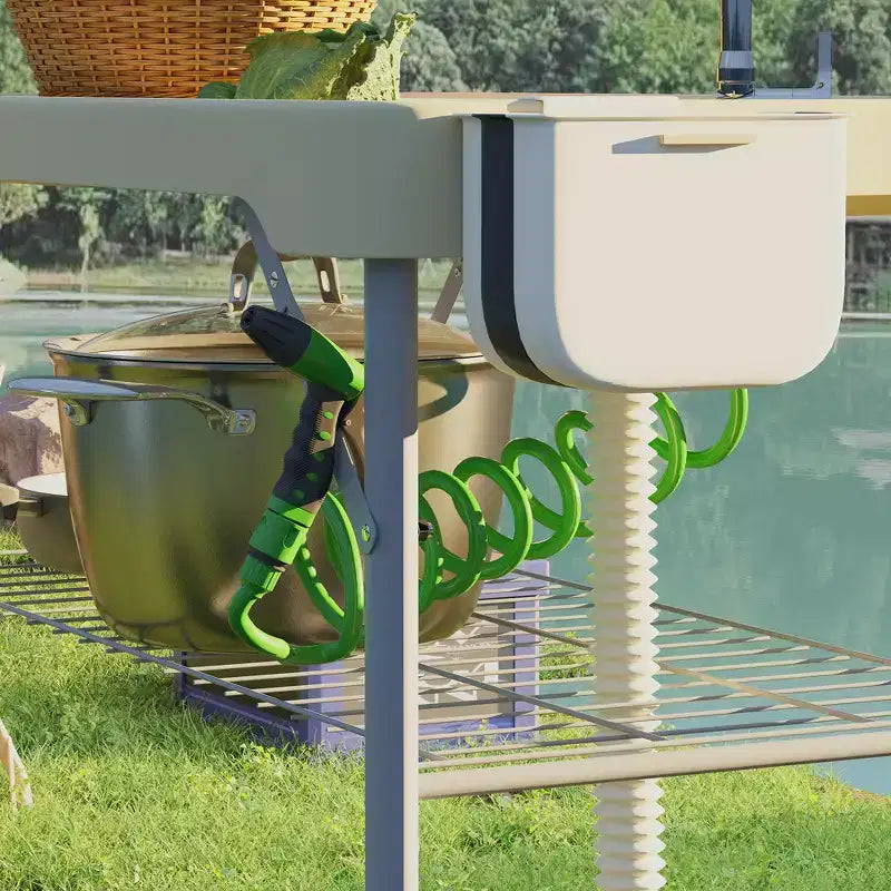 Table de nettoyage de poisson avec éviers, table d'évier de camping portable avec robinet, tuyau de drainage, pulvérisateur, étagère, tiroir et panier de rangement