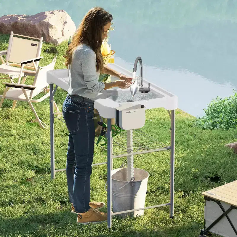 Table de nettoyage de poisson avec éviers, table d'évier de camping portable avec robinet, tuyau de drainage, pulvérisateur, étagère, tiroir et panier de rangement
