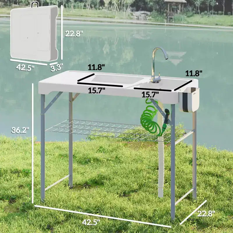 Table de nettoyage de poisson avec éviers, table d'évier de camping portable avec robinet, tuyau de drainage, pulvérisateur, étagère, tiroir et panier de rangement