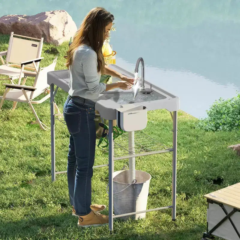 Table de nettoyage de poisson avec éviers, table d'évier de camping portable avec robinet, tuyau de drainage, pulvérisateur, étagère, tiroir et panier de rangement