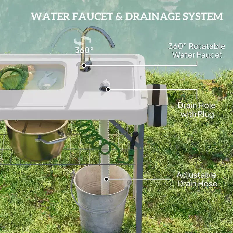 Table de nettoyage de poisson avec éviers, table d'évier de camping portable avec robinet, tuyau de drainage, pulvérisateur, étagère, tiroir et panier de rangement
