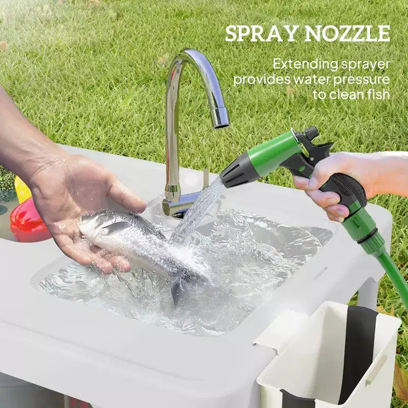 Table de nettoyage de poisson avec éviers, table d'évier de camping portable avec robinet, tuyau de drainage, pulvérisateur, étagère, tiroir et panier de rangement