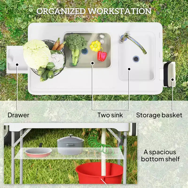 Table de nettoyage de poisson avec éviers, table d'évier de camping portable avec robinet, tuyau de drainage, pulvérisateur, étagère, tiroir et panier de rangement