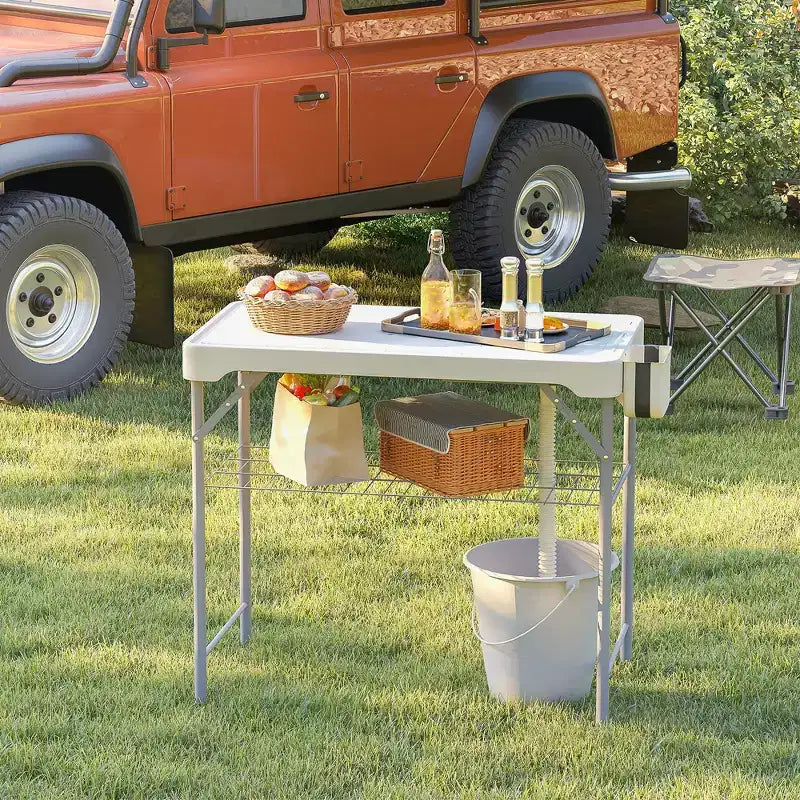 Table de nettoyage de poisson avec éviers, table d'évier de camping portable avec robinet, tuyau de drainage, pulvérisateur, étagère, tiroir et panier de rangement