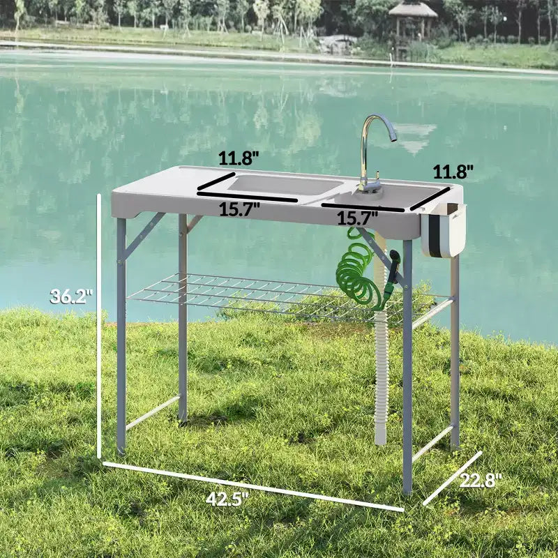 Table de nettoyage de poisson avec éviers, table d'évier de camping portable avec robinet, tuyau de drainage, pulvérisateur, étagère, tiroir et panier de rangement
