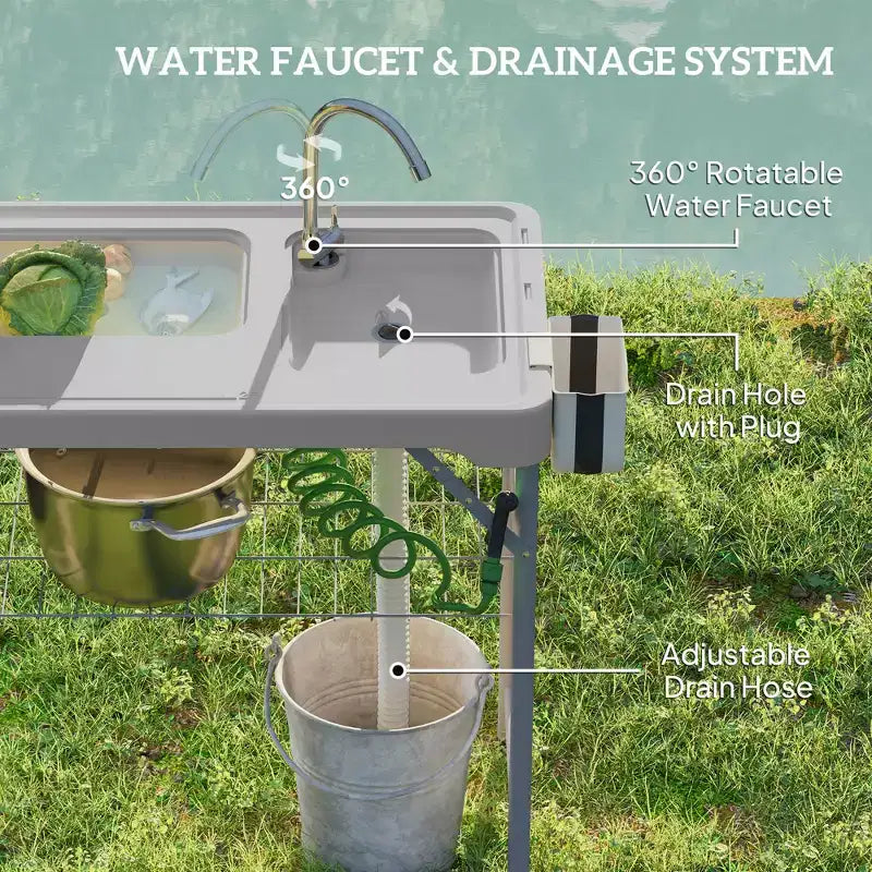 Table de nettoyage de poisson avec éviers, table d'évier de camping portable avec robinet, tuyau de drainage, pulvérisateur, étagère, tiroir et panier de rangement