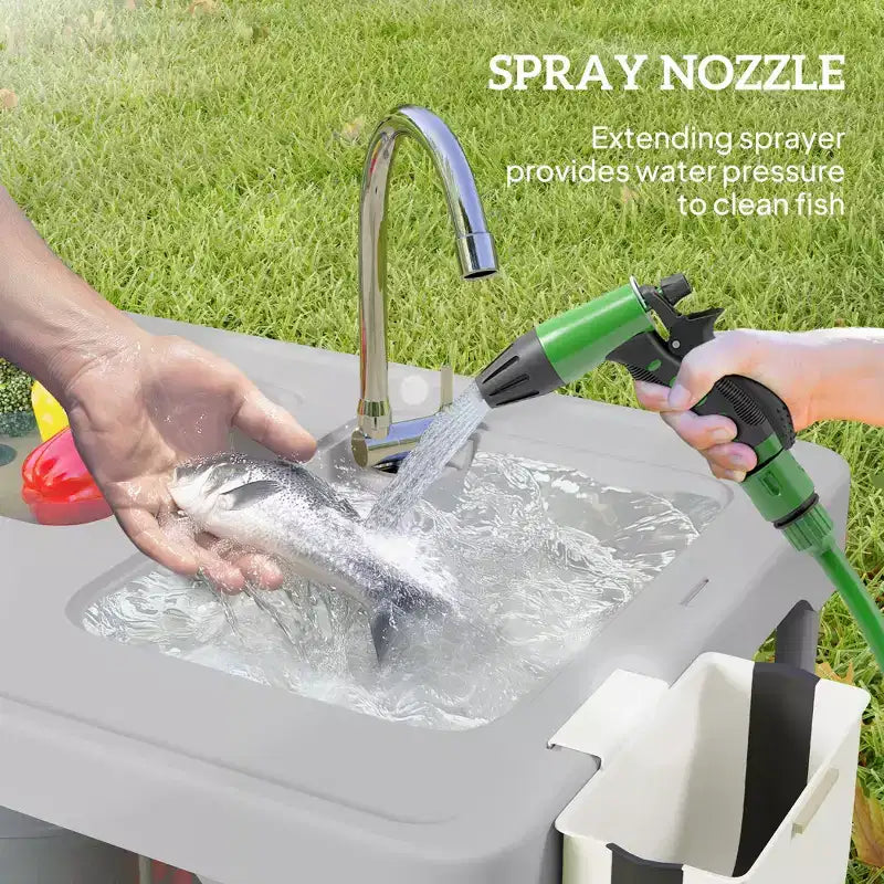 Table de nettoyage de poisson avec éviers, table d'évier de camping portable avec robinet, tuyau de drainage, pulvérisateur, étagère, tiroir et panier de rangement