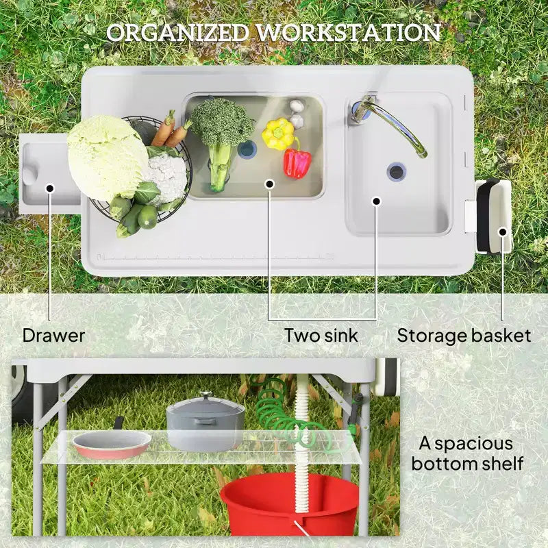 Table de nettoyage de poisson avec éviers, table d'évier de camping portable avec robinet, tuyau de drainage, pulvérisateur, étagère, tiroir et panier de rangement