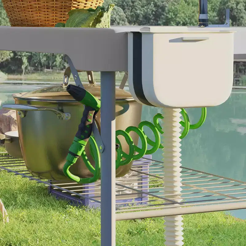 Table de nettoyage de poisson avec éviers, table d'évier de camping portable avec robinet, tuyau de drainage, pulvérisateur, étagère, tiroir et panier de rangement