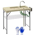 Table de nettoyage de poisson avec éviers, table d'évier de camping portable avec robinet, tuyau de drainage, pulvérisateur, étagère, tiroir et panier de rangement