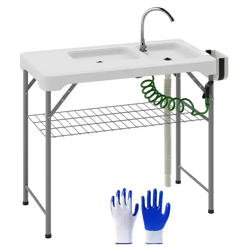 Table de nettoyage de poisson avec éviers, table d'évier de camping portable avec robinet, tuyau de drainage, pulvérisateur, étagère, tiroir et panier de rangement