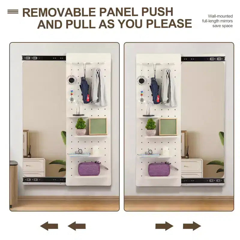 Miroir mural pleine longueur avec étagère, miroir corporel avec panneau perforé, miroir de maquillage mural pour chambre à coucher, salon, dressing