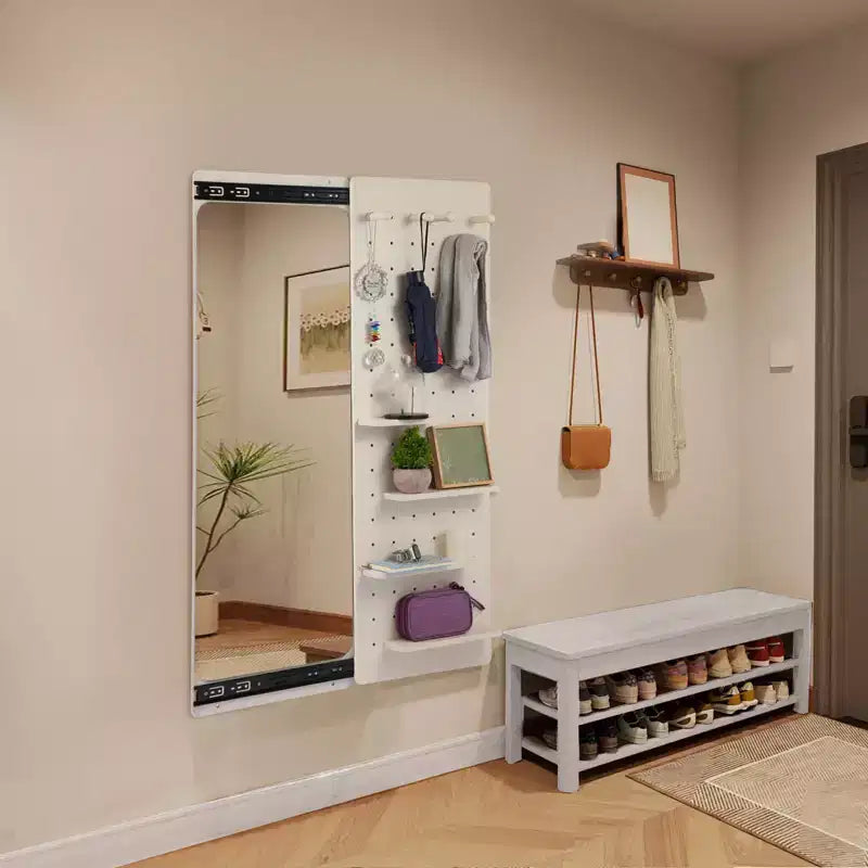 Miroir mural pleine longueur avec étagère, miroir corporel avec panneau perforé, miroir de maquillage mural pour chambre à coucher, salon, dressing