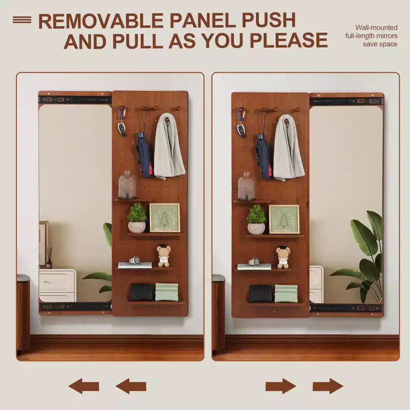 Miroir mural pleine longueur avec étagère, miroir corporel avec panneau perforé, miroir de maquillage mural pour chambre à coucher, salon, dressing