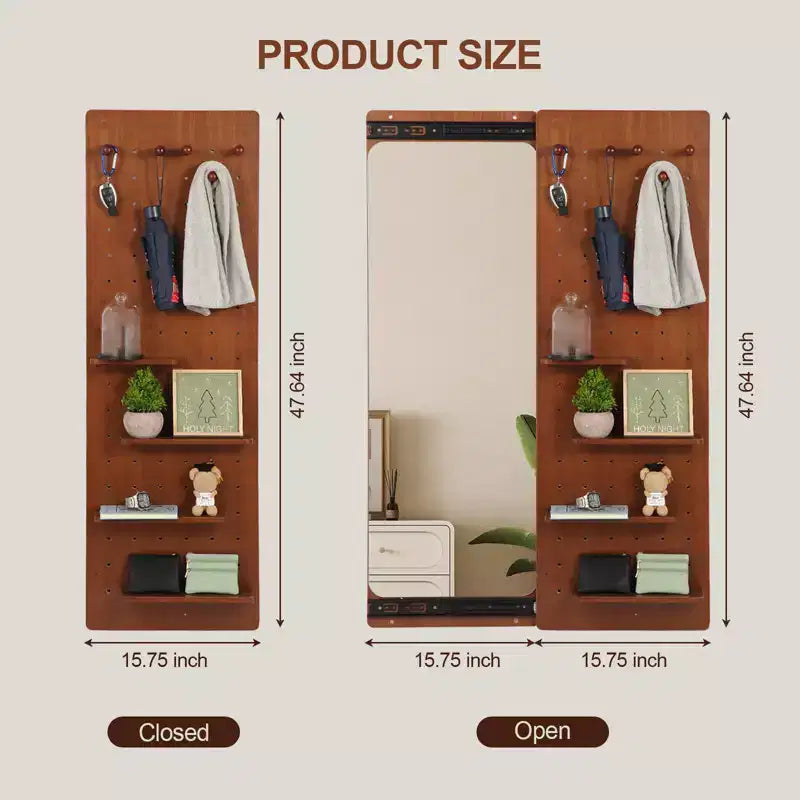 Miroir mural pleine longueur avec étagère, miroir corporel avec panneau perforé, miroir de maquillage mural pour chambre à coucher, salon, dressing