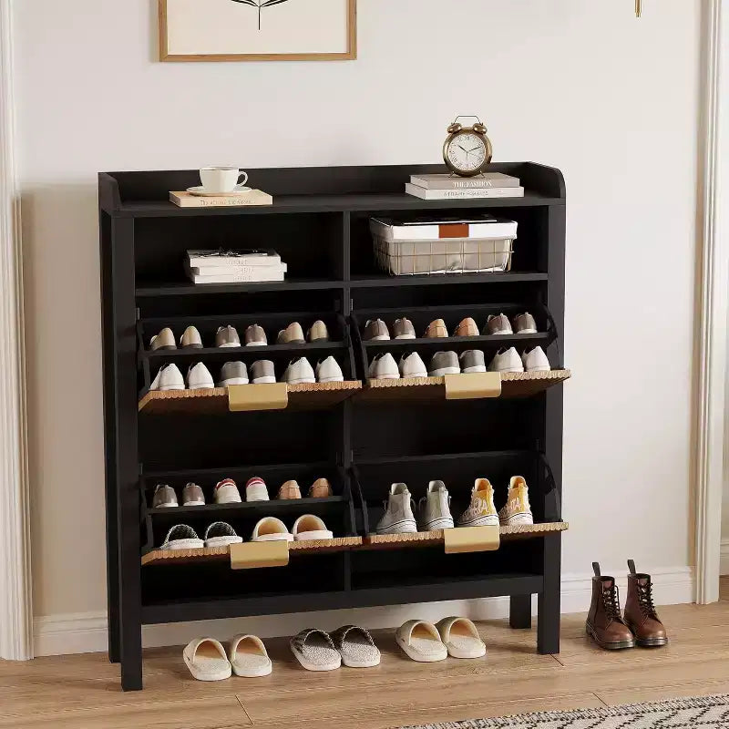 Meuble à chaussures avec 4 tiroirs abattants, meuble à chaussures étroit cannelé, rangement à chaussures dissimulé mince autoportant pour entrée et couloir