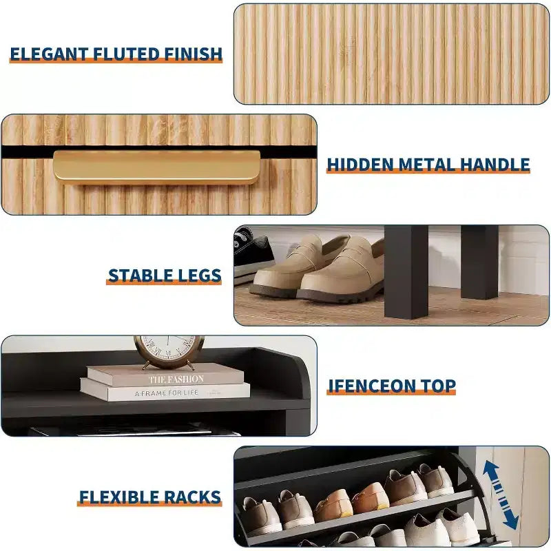 Meuble à chaussures avec 4 tiroirs abattants, meuble à chaussures étroit cannelé, rangement à chaussures dissimulé mince autoportant pour entrée et couloir