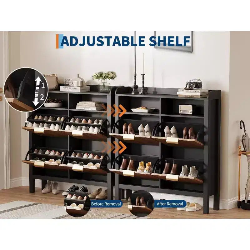 Meuble à chaussures avec 4 tiroirs abattants, meuble à chaussures étroit cannelé, rangement à chaussures dissimulé mince autoportant pour entrée et couloir