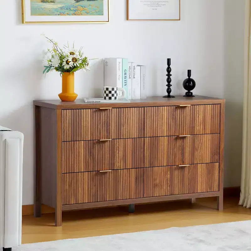 Fluted 6 Drawer Double Dresser ,Wide Modern Closet Dressers Chest of Drawers, Wood Storage Dresser Organizer Oak color