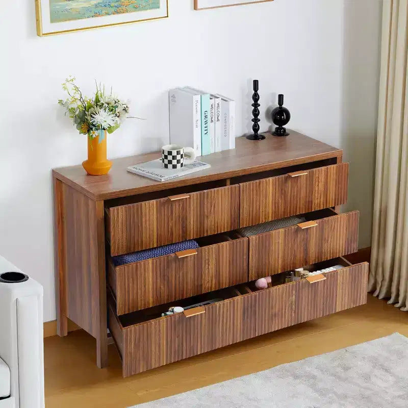 Commode double à 6 tiroirs cannelés, Grande commode de rangement, Commode de rangement en bois couleur chêne
