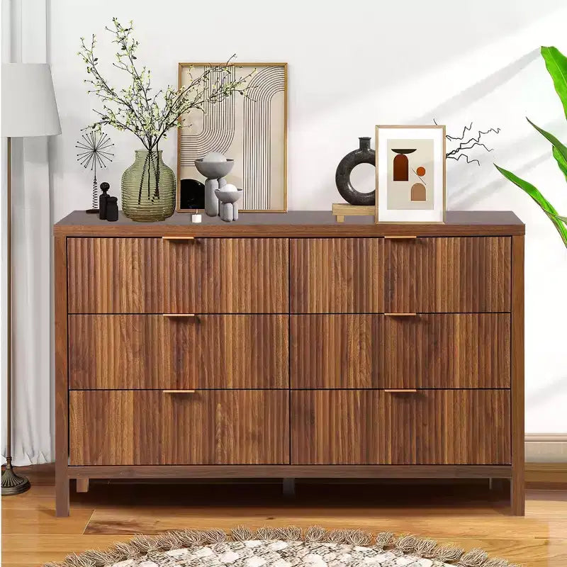 Commode double à 6 tiroirs cannelés, Grande commode de rangement, Commode de rangement en bois couleur chêne