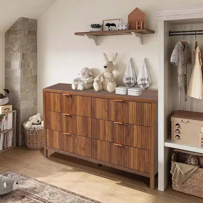 Commode double à 6 tiroirs cannelés, Grande commode de rangement, Commode de rangement en bois couleur chêne