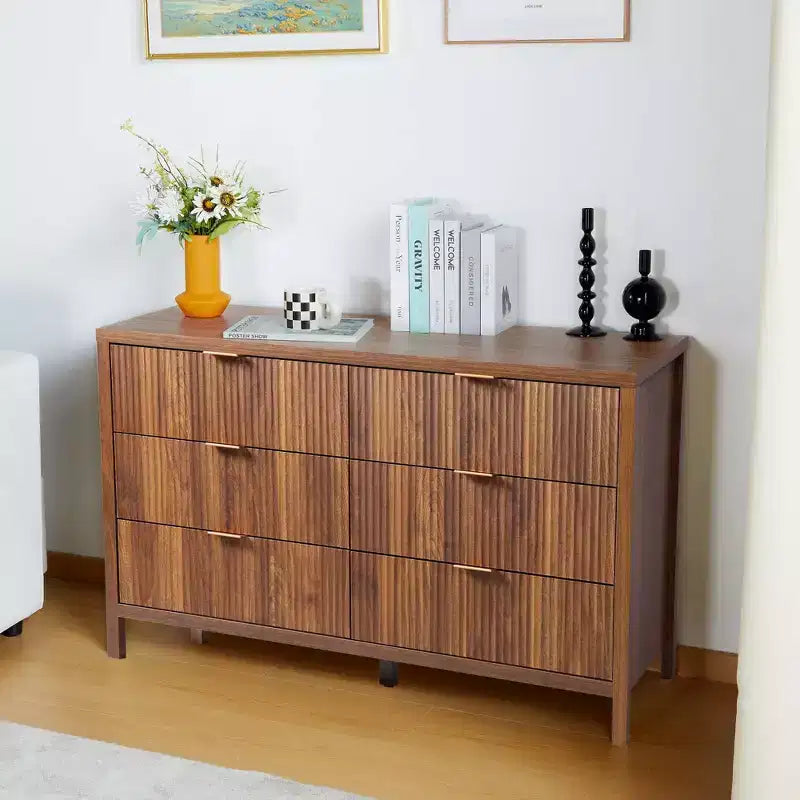 Commode double à 6 tiroirs cannelés, Grande commode de rangement, Commode de rangement en bois couleur chêne