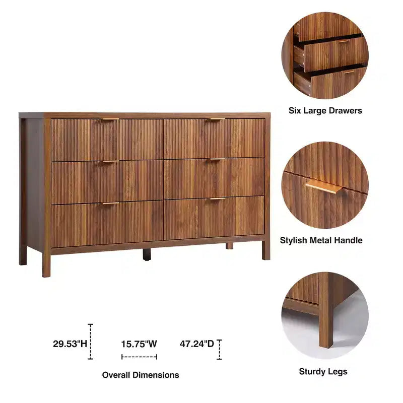Commode double à 6 tiroirs cannelés, Grande commode de rangement, Commode de rangement en bois couleur chêne