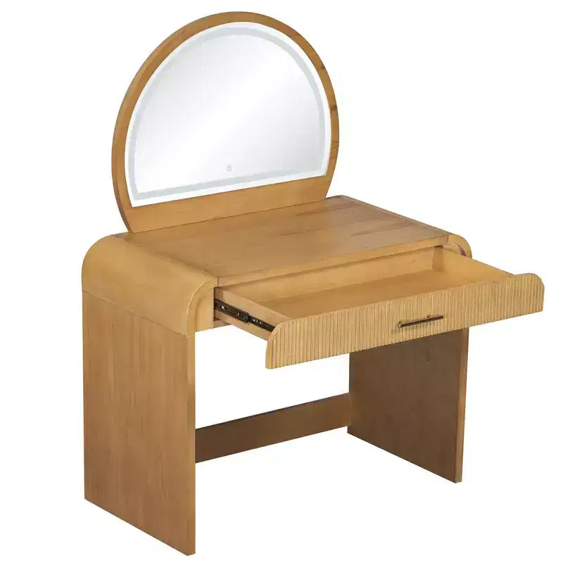 Table de toilette avec grand miroir et écran tactile, coiffeuse avec grand tiroir et coins arrondis, pour chambre à coucher