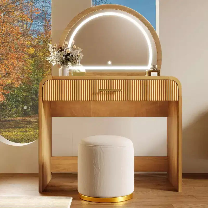 Table de toilette avec grand miroir et écran tactile, coiffeuse avec grand tiroir et coins arrondis, pour chambre à coucher