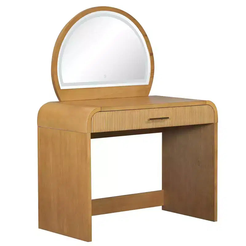 Table de toilette avec grand miroir et écran tactile, coiffeuse avec grand tiroir et coins arrondis, pour chambre à coucher