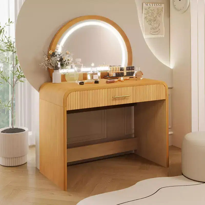 Table de toilette avec grand miroir et écran tactile, coiffeuse avec grand tiroir et coins arrondis, pour chambre à coucher