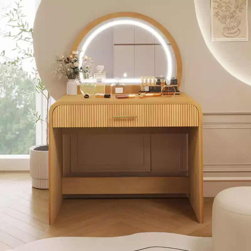 Table de toilette avec grand miroir et écran tactile, coiffeuse avec grand tiroir et coins arrondis, pour chambre à coucher