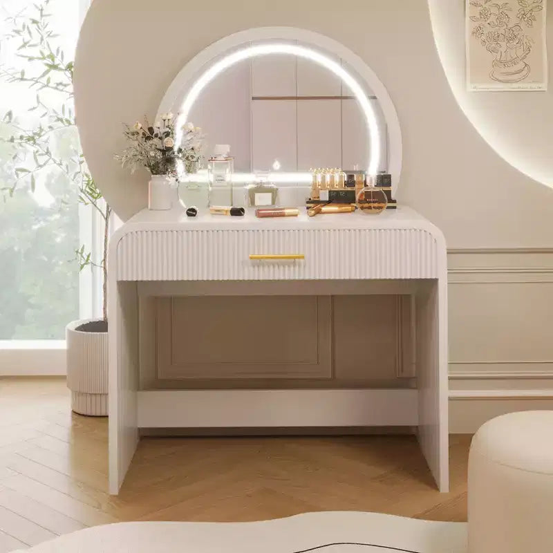 Table de toilette avec grand miroir et écran tactile, coiffeuse avec grand tiroir et coins arrondis, pour chambre à coucher