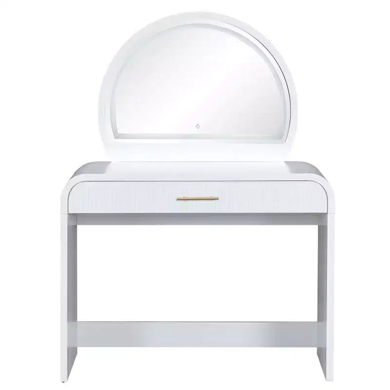 Table de toilette avec grand miroir et écran tactile, coiffeuse avec grand tiroir et coins arrondis, pour chambre à coucher